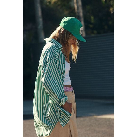 Free People We the Free Freddie Striped Shirt French Green Combo XL NEW - Picture 1 of 8